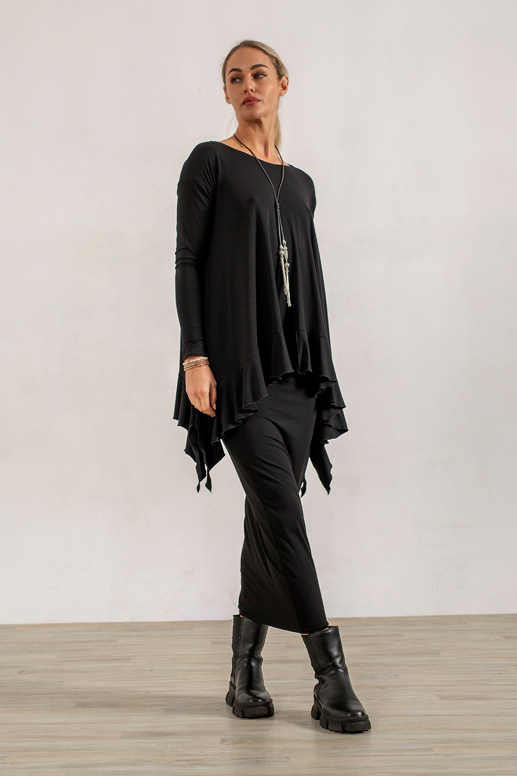 Monique Viscose Jersey Frill Hem Tunic (black)