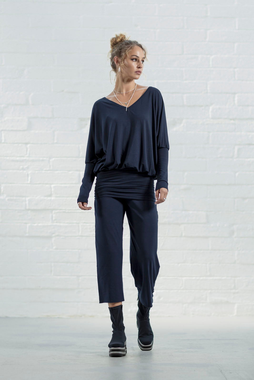 Navy Viscose Jersey Ellen Crop Palazzos (narrow)