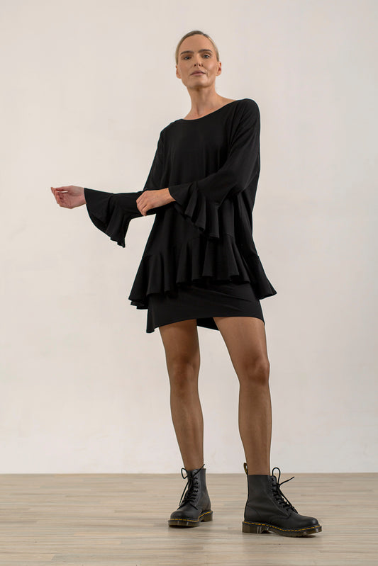 Blair Viscose Jersey Oversize Frill Hem Tunic (Black)