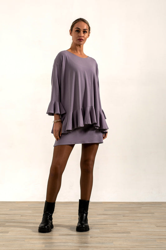 Blair Viscose Jersey Oversize Frill Hem Tunic (Silver Frost)