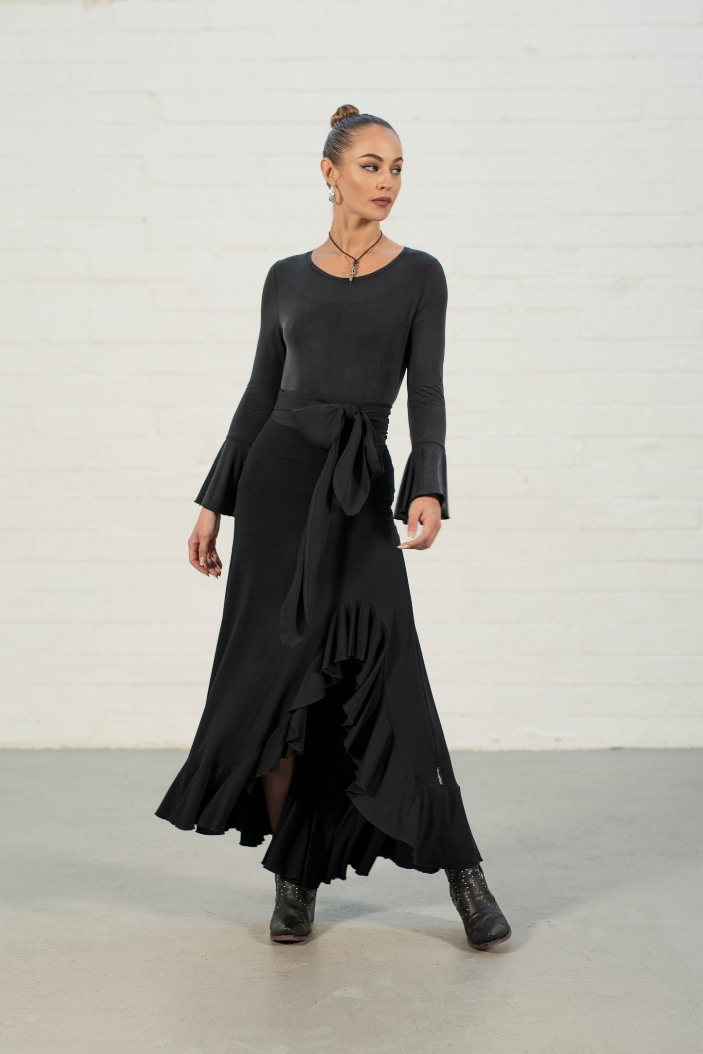 Rhea Flute Sleeve Top - Silky Black Jersey