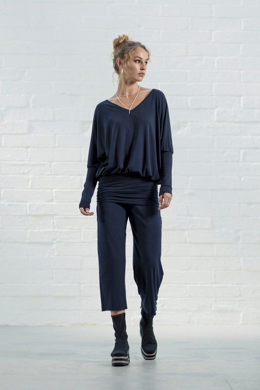 Navy Viscose Jersey Ellen Crop Palazzos (narrow)